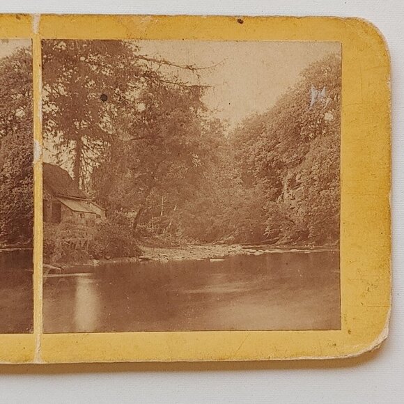 ANTIQUE STEREOGRAPH CARD Victorian Era Lakeside Scene Quaint Cottage - Picture 2 of 4